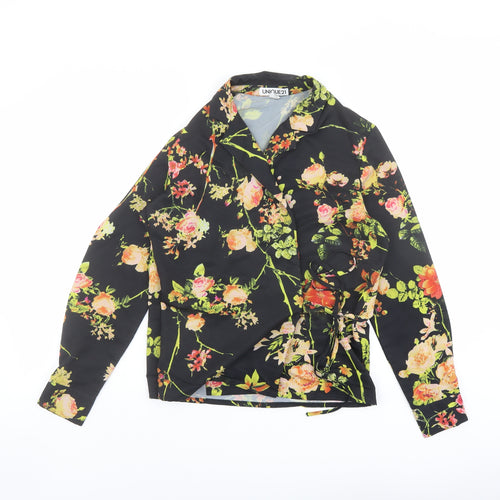 Unique 21 Womens Black Floral Polyester Wrap Blouse Size 6 Collared