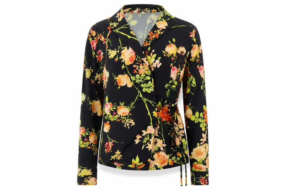 Front view of Unique 21 women’s black floral polyester wrap blouse, size UK 6, collared