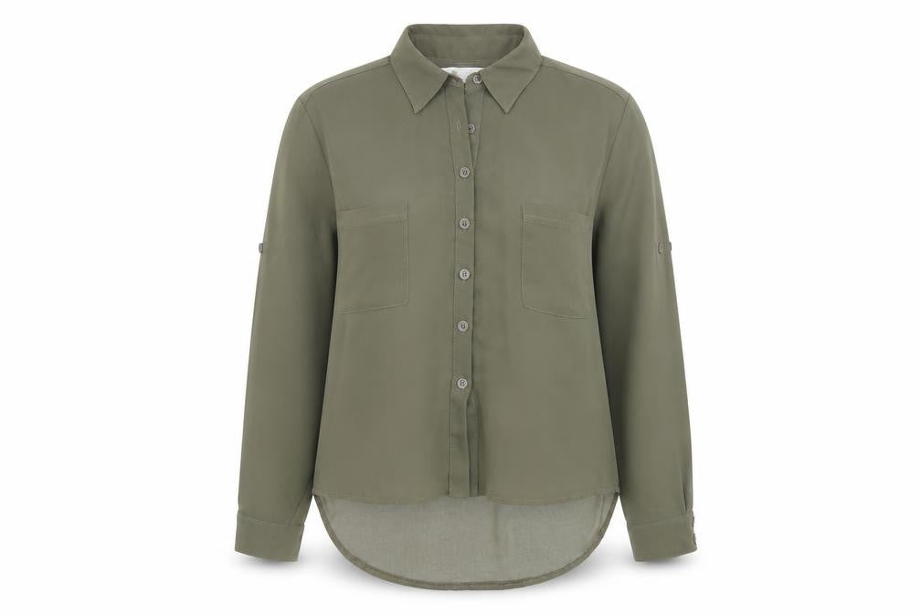 Front view of Cameo Rose women’s green polyester basic button-up, size UK 8, collared