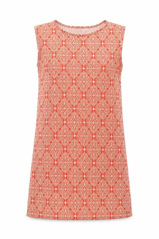 Front view of Boohoo women’s orange geometric polyester shift, size UK 10, boat neck pullover