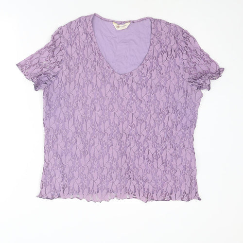 Bonmarché Womens Purple Geometric Nylon Basic T-Shirt Size L V-Neck