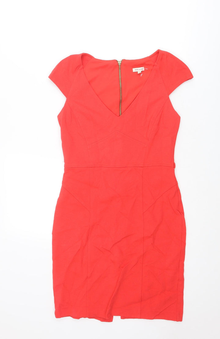 River Island Womens Red Viscose Shift Size 12 V-Neck Zip