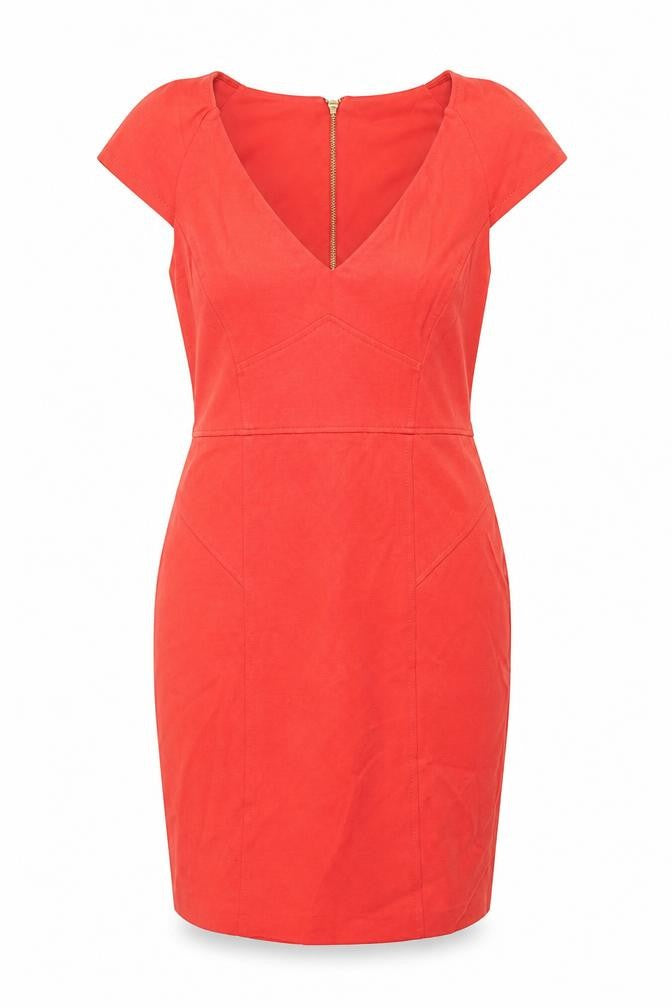 Front view of River Island women’s red viscose shift, size UK 12, v-neck zip