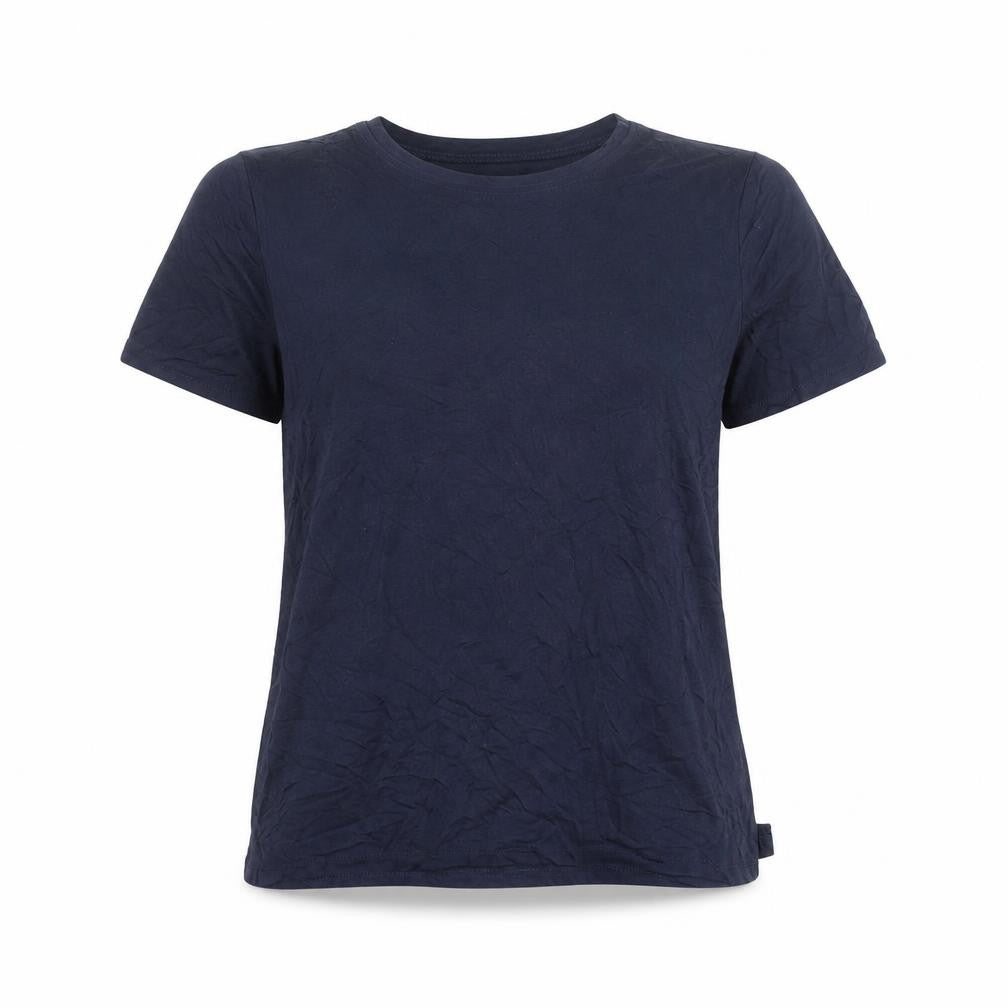 Front view of Oasis women’s blue viscose basic t-shirt, size S, round neck