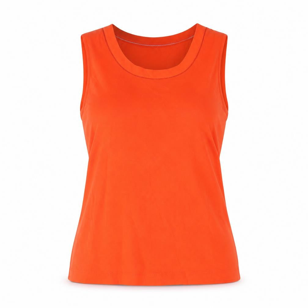 Front view of French Connection women’s red polyester basic tank, size L, round neck