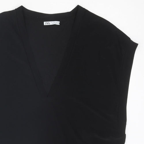 Zara Womens Black Polyester Basic T-Shirt Size S V-Neck