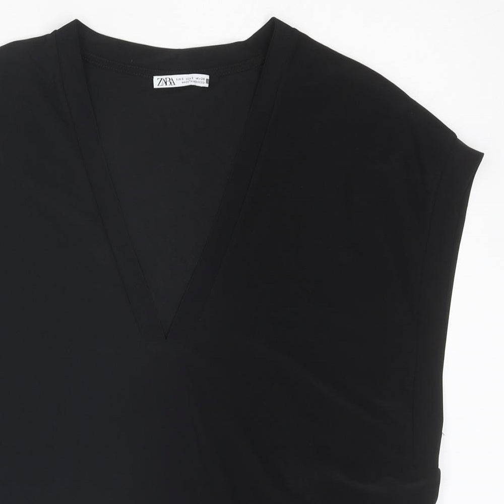 Zara Womens Black Polyester Basic T-Shirt Size S V-Neck