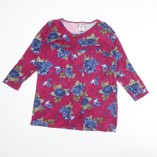 EWM Womens Pink Floral Viscose Basic T-Shirt Size M Round Neck