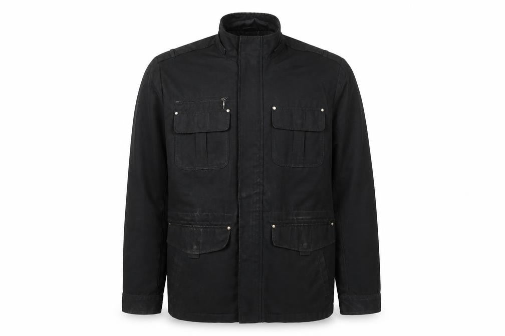 Front view of Kenneth Cole Reaction men’s black pea coat coat, size L, zip