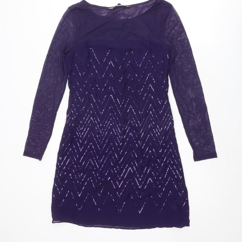 Principles Womens Purple Geometric Polyester Shift Size 8 Boat Neck Zip
