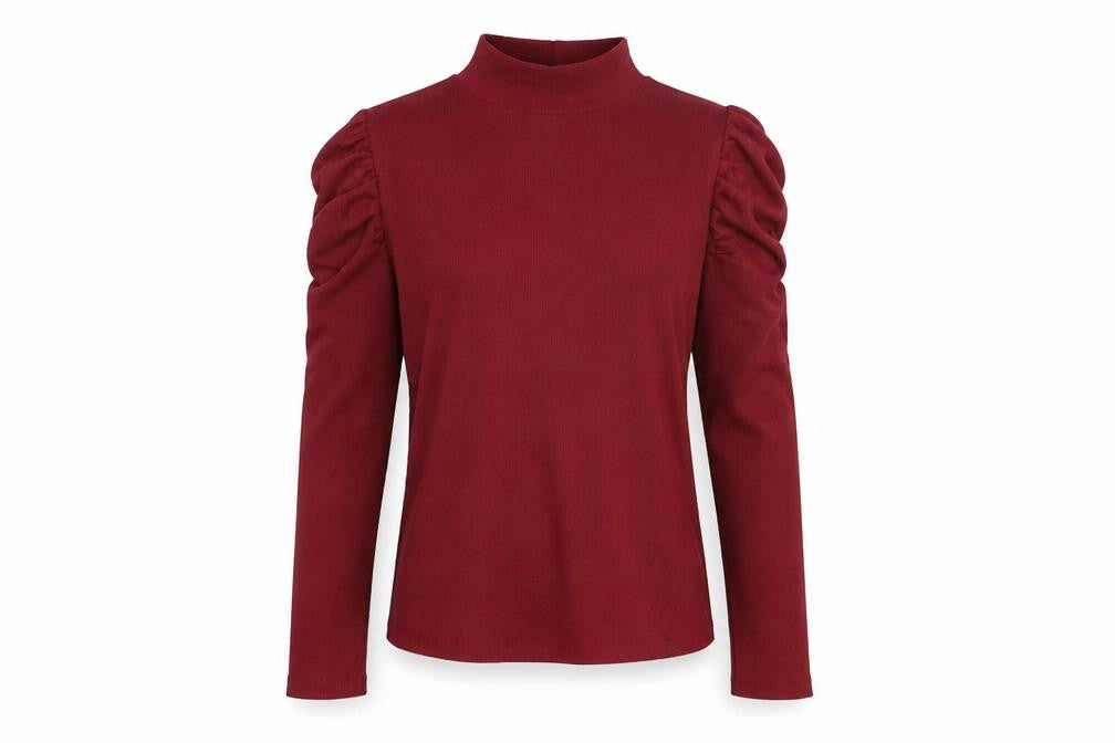 Front view of Select women’s red polyester basic t-shirt, size M, mock neck - ruched sleeves