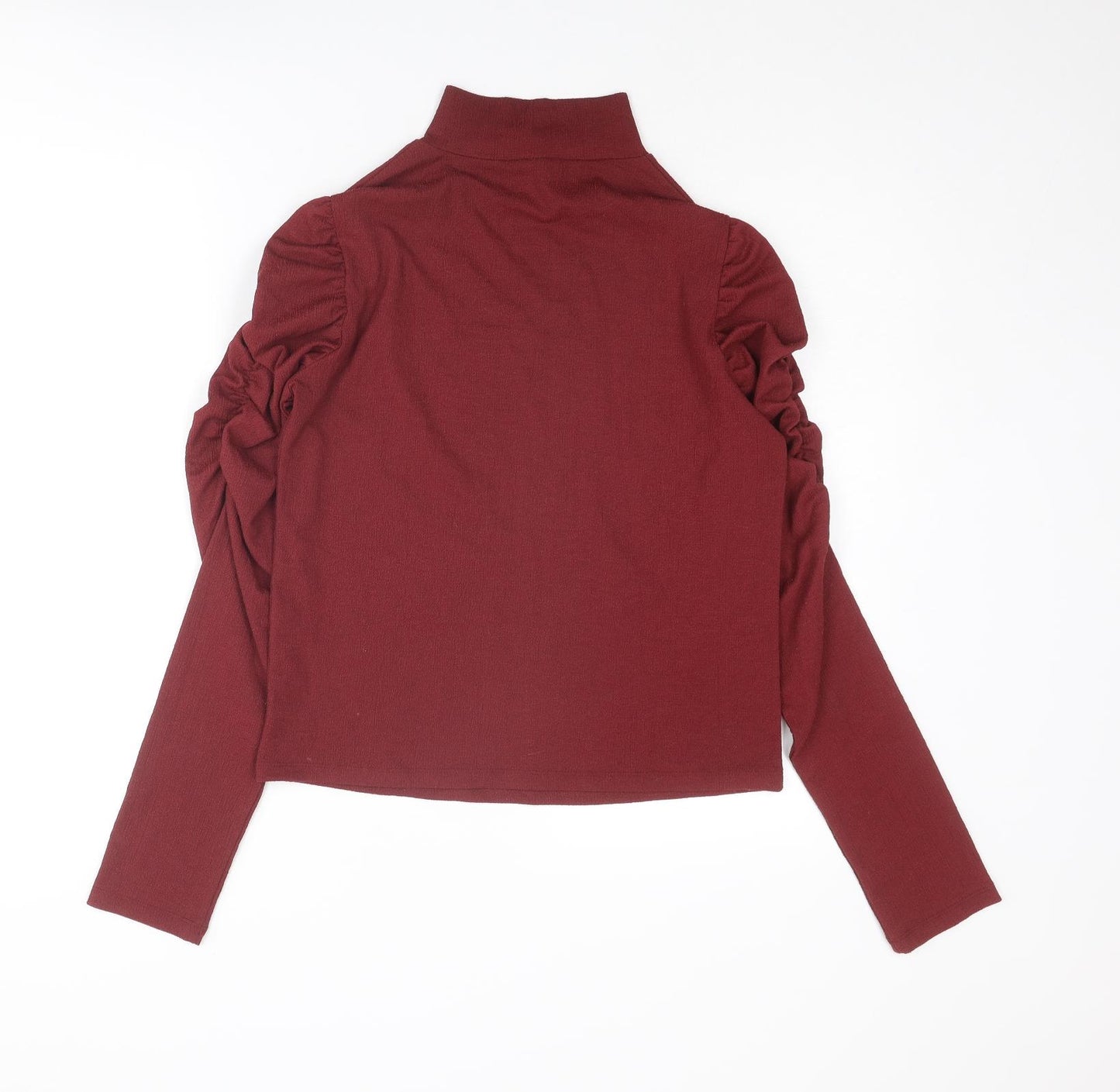 Select Womens Red Polyester Basic T-Shirt Size M Mock Neck - Ruched Sleeves