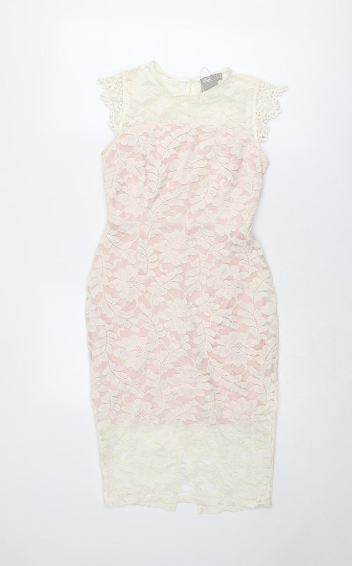ASOS Womens Ivory Cotton Pencil Dress Size 8 Round Neck Zip