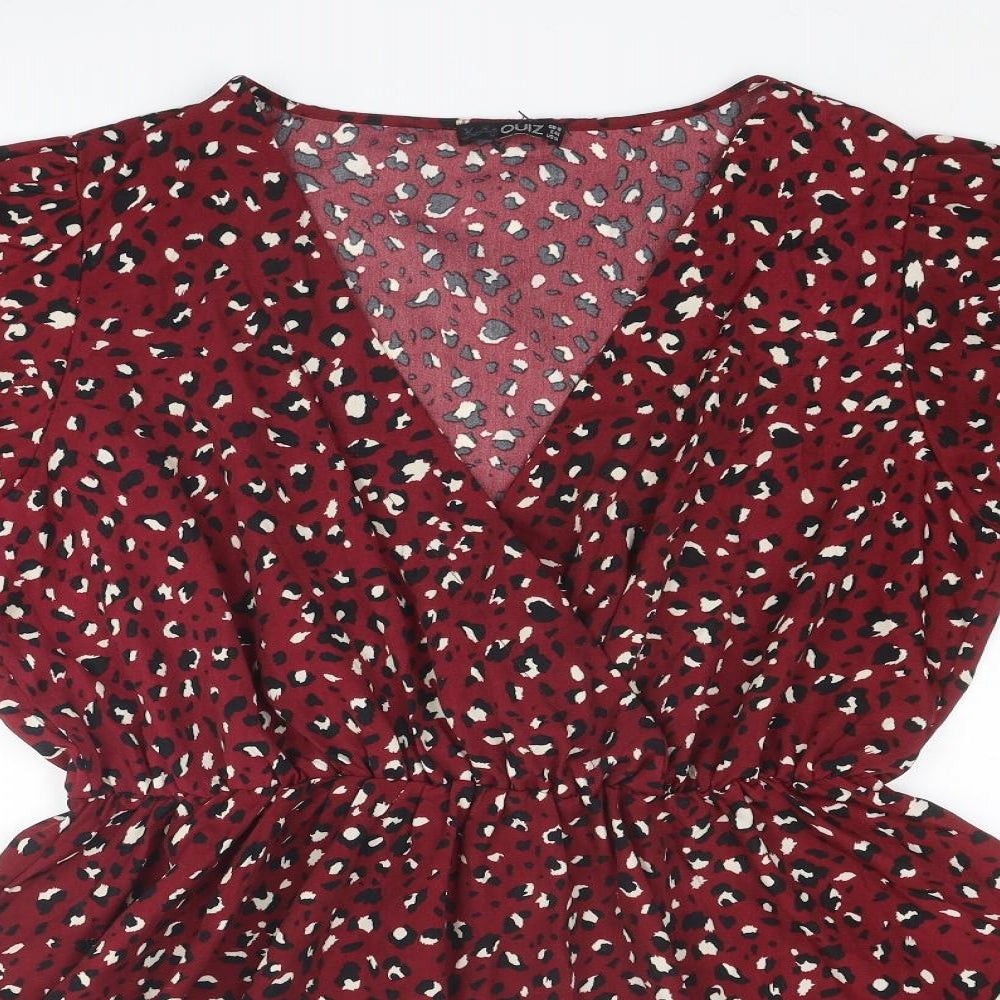 Quiz Womens Red Animal Print Polyester Basic Blouse Size 18 V-Neck - Peplum