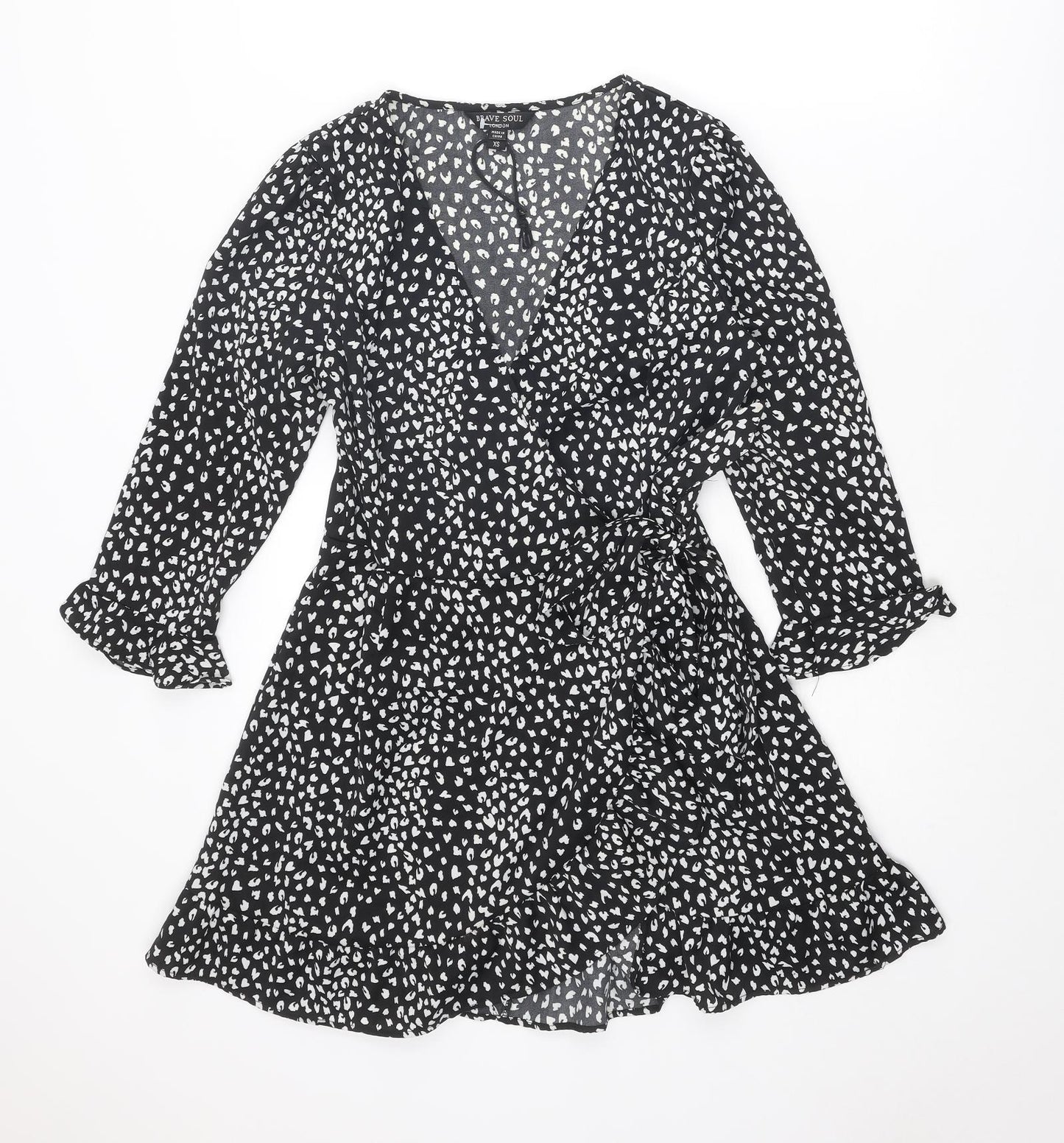 Brave Soul Womens Black Animal Print Polyester Wrap Dress Size XS V-Neck Button