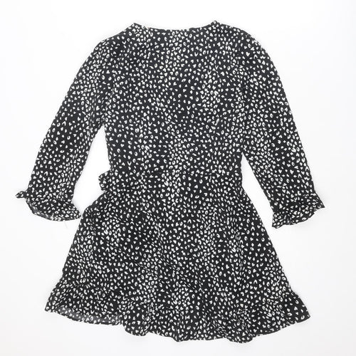 Brave Soul Womens Black Animal Print Polyester Wrap Dress Size XS V-Neck Button