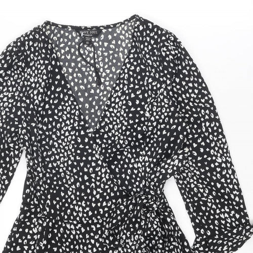 Brave Soul Womens Black Animal Print Polyester Wrap Dress Size XS V-Neck Button