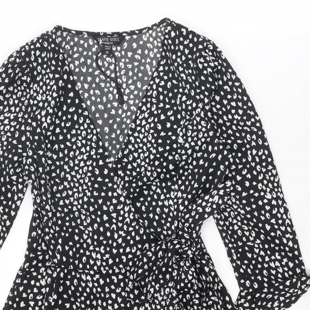 Brave Soul Womens Black Animal Print Polyester Wrap Dress Size XS V-Neck Button