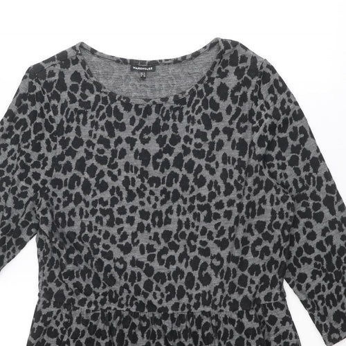 Warehouse Womens Black Animal Print Polyester Shift Size 14 Boat Neck Pullover - Leopard Print