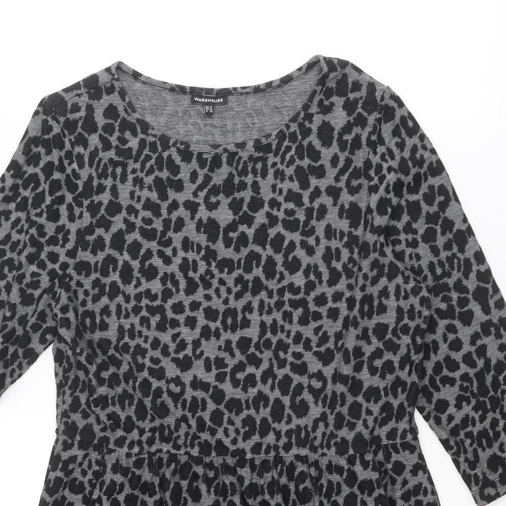 Warehouse Womens Black Animal Print Polyester Shift Size 14 Boat Neck Pullover - Leopard Print
