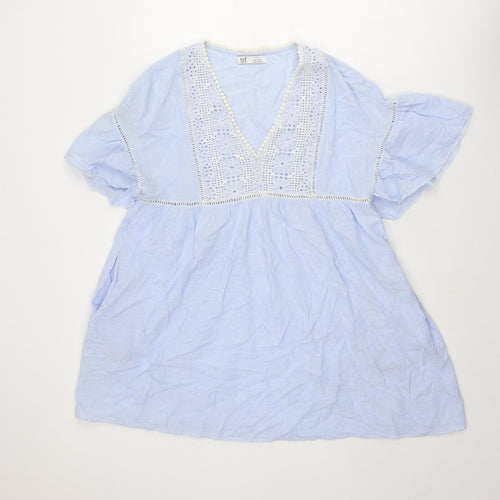 Zara Womens Blue Striped Polyester Mini Size M V-Neck Pullover - Crocheted Lace Detail