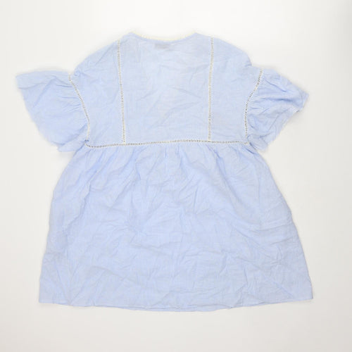 Zara Womens Blue Striped Polyester Mini Size M V-Neck Pullover - Crocheted Lace Detail