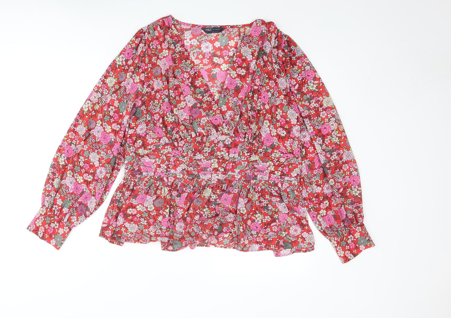 Marks and Spencer Womens Multicoloured Floral Polyester Basic Blouse Size 16 V-Neck - Peplum