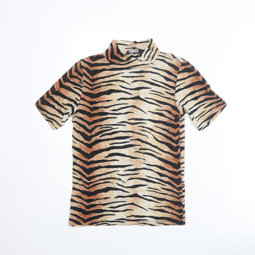 Select Womens Beige Animal Print Viscose Basic T-Shirt Size 14 Mock Neck - Tiger Print