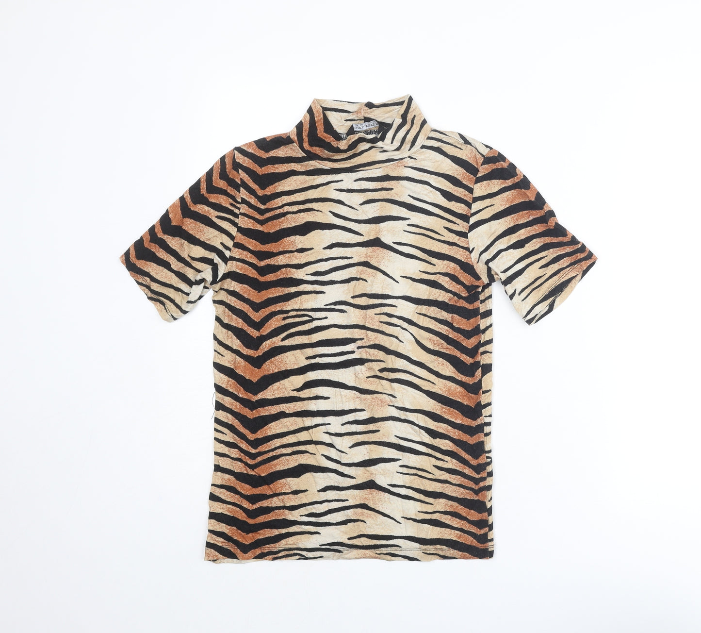 Select Womens Beige Animal Print Viscose Basic T-Shirt Size 14 Mock Neck - Tiger Print