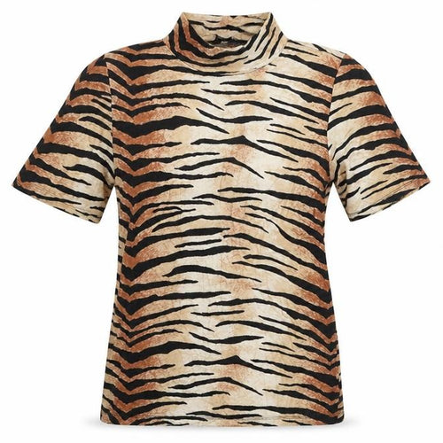 Select Womens Beige Animal Print Viscose Basic T-Shirt Size 14 Mock Neck - Tiger Print