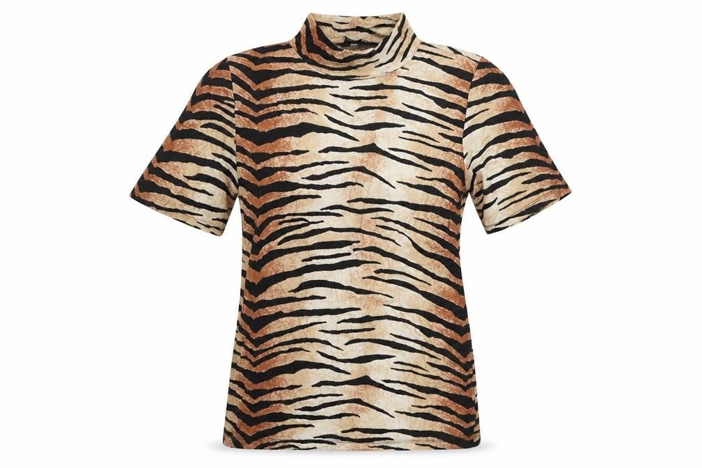 Select Womens Beige Animal Print Viscose Basic T-Shirt Size 14 Mock Neck - Tiger Print