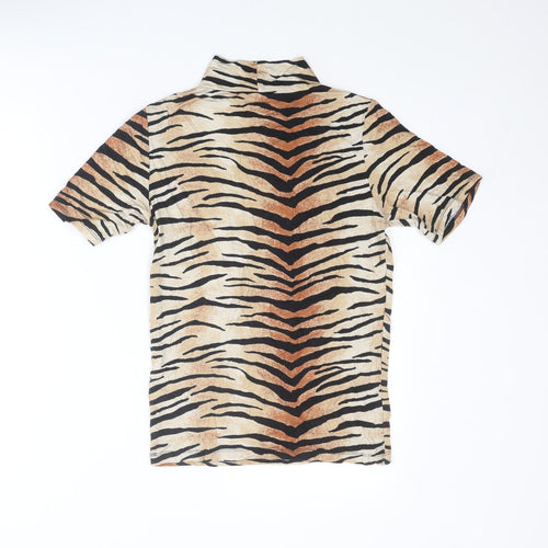 Select Womens Beige Animal Print Viscose Basic T-Shirt Size 14 Mock Neck - Tiger Print