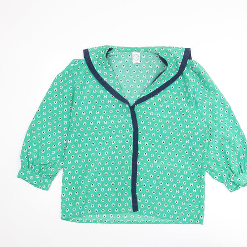 Country Casuals Womens Green Geometric Polyester Basic Button-Up Size 14 Collared
