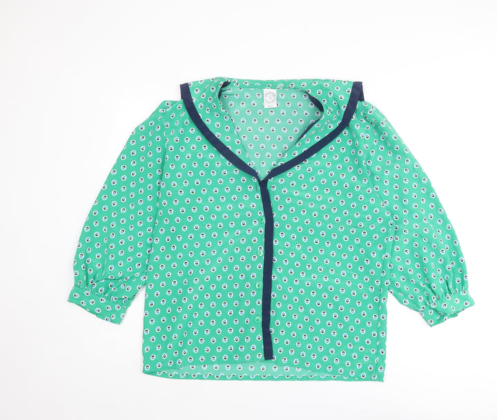 Country Casuals Womens Green Geometric Polyester Basic Button-Up Size 14 Collared