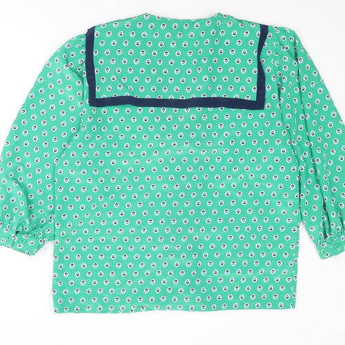 Country Casuals Womens Green Geometric Polyester Basic Button-Up Size 14 Collared