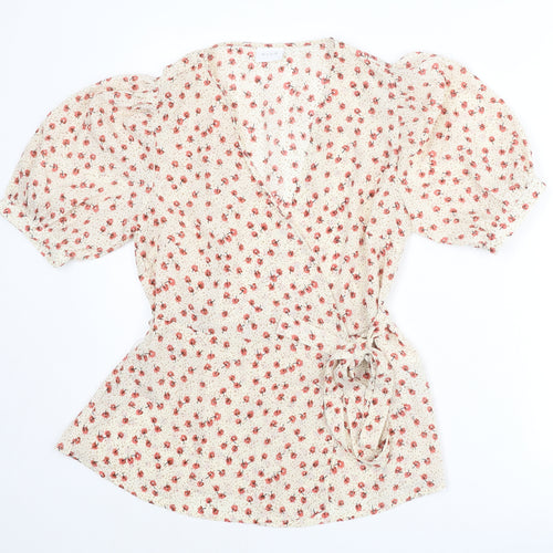 VILA Womens Beige Floral Polyester Wrap Blouse Size 10 V-Neck