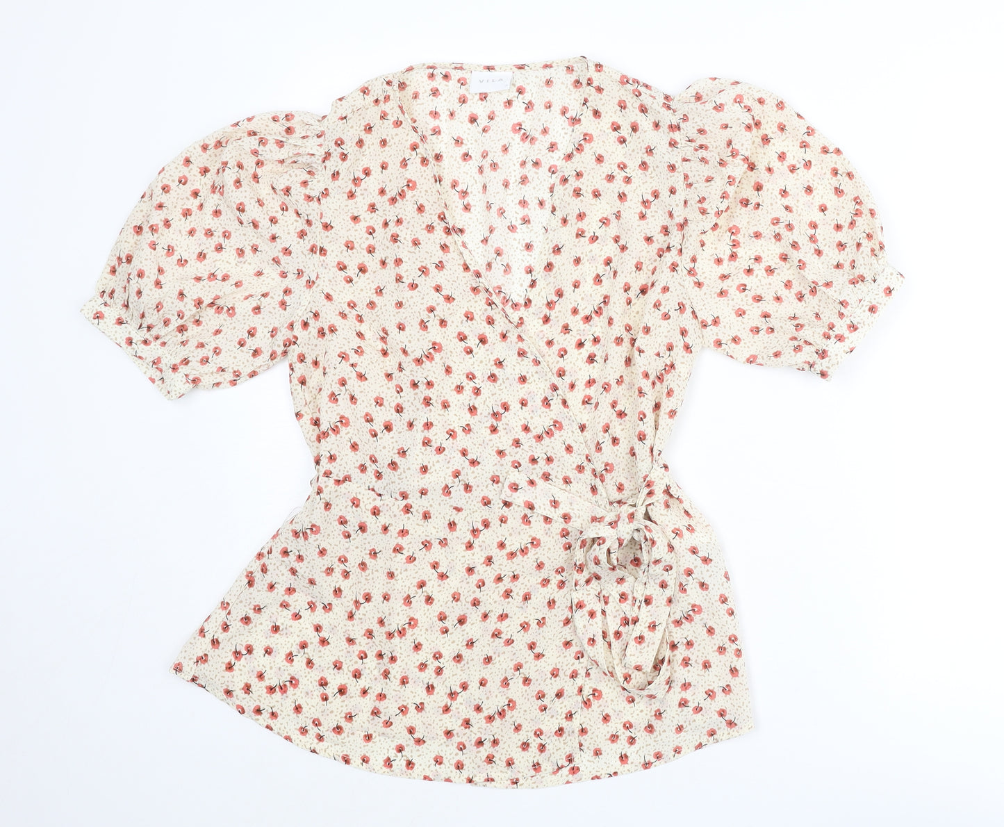 VILA Womens Beige Floral Polyester Wrap Blouse Size 10 V-Neck