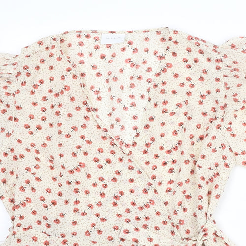 VILA Womens Beige Floral Polyester Wrap Blouse Size 10 V-Neck