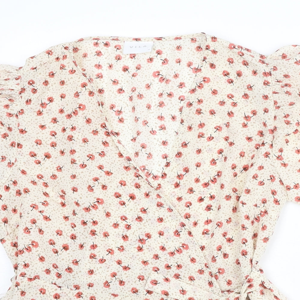 VILA Womens Beige Floral Polyester Wrap Blouse Size 10 V-Neck