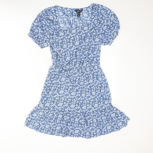 New Look Girls Blue Floral Polyester A-Line Size 13 Years Square Neck Button