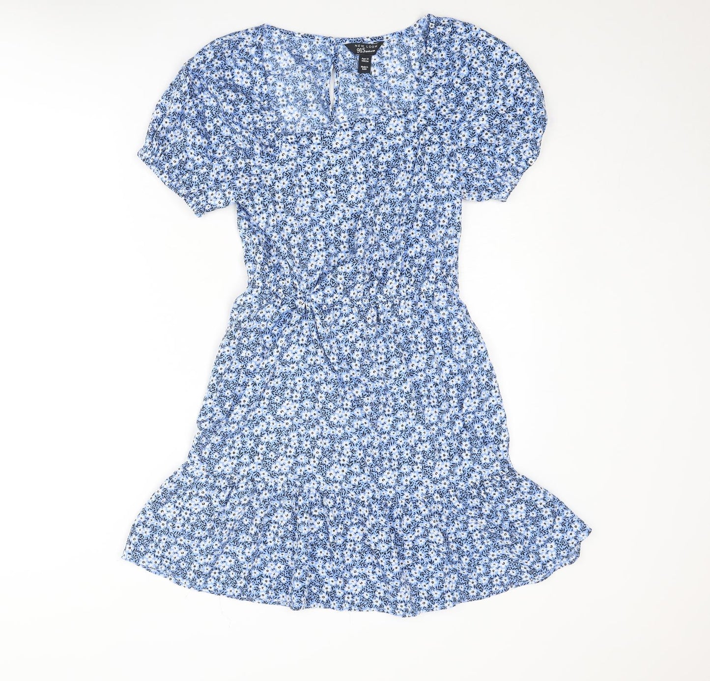 New Look Girls Blue Floral Polyester A-Line Size 13 Years Square Neck Button