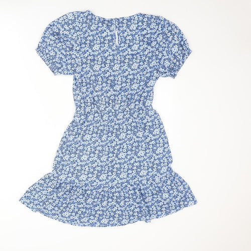 New Look Girls Blue Floral Polyester A-Line Size 13 Years Square Neck Button
