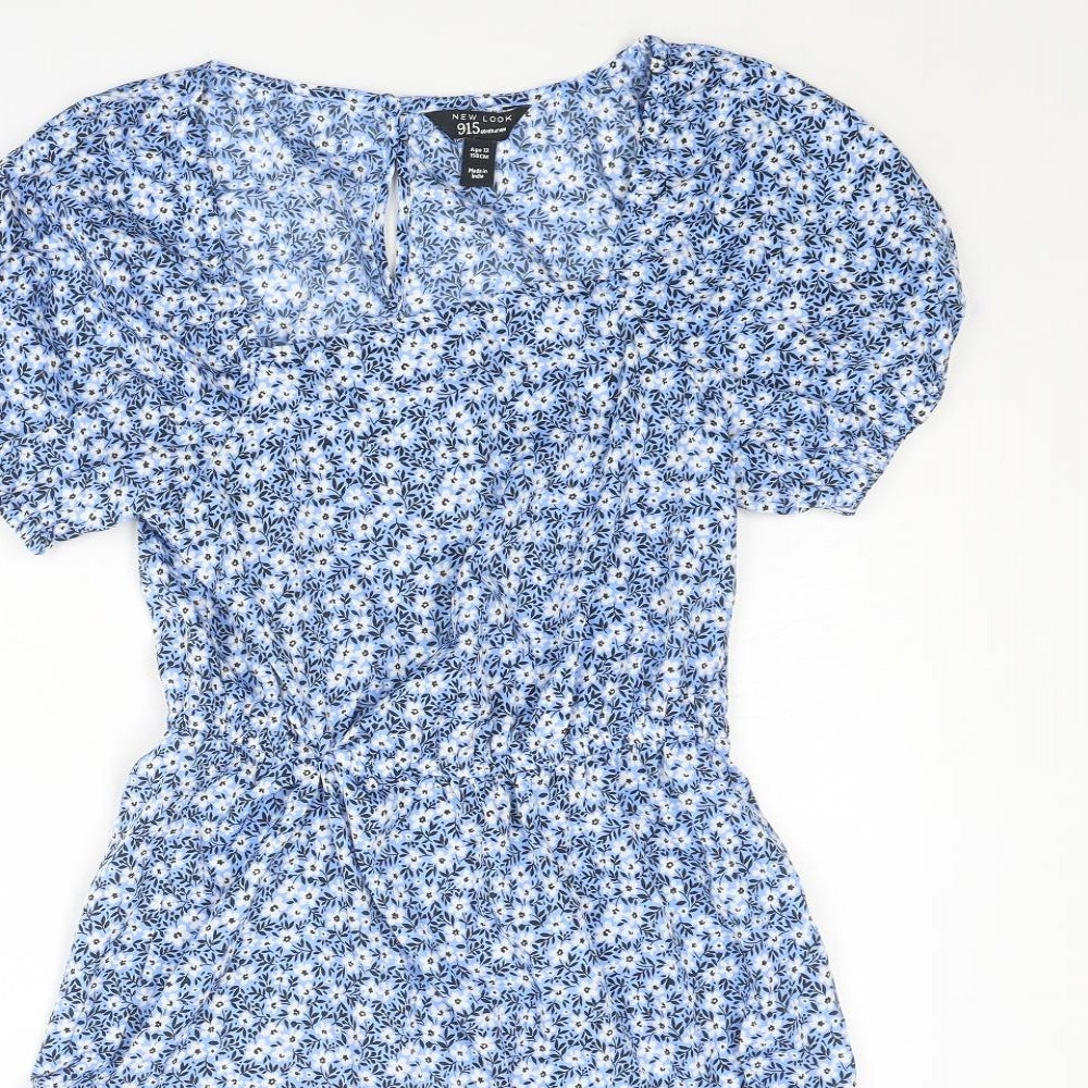 New Look Girls Blue Floral Polyester A-Line Size 13 Years Square Neck Button