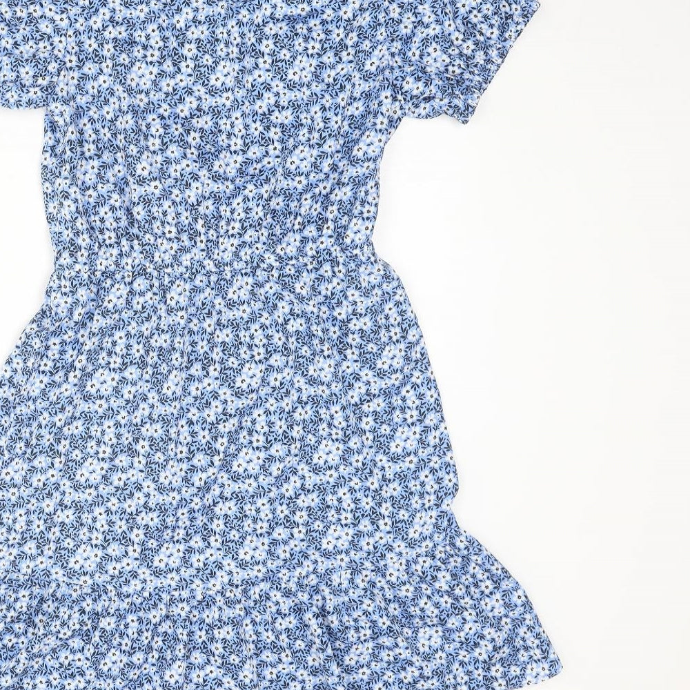 New Look Girls Blue Floral Polyester A-Line Size 13 Years Square Neck Button
