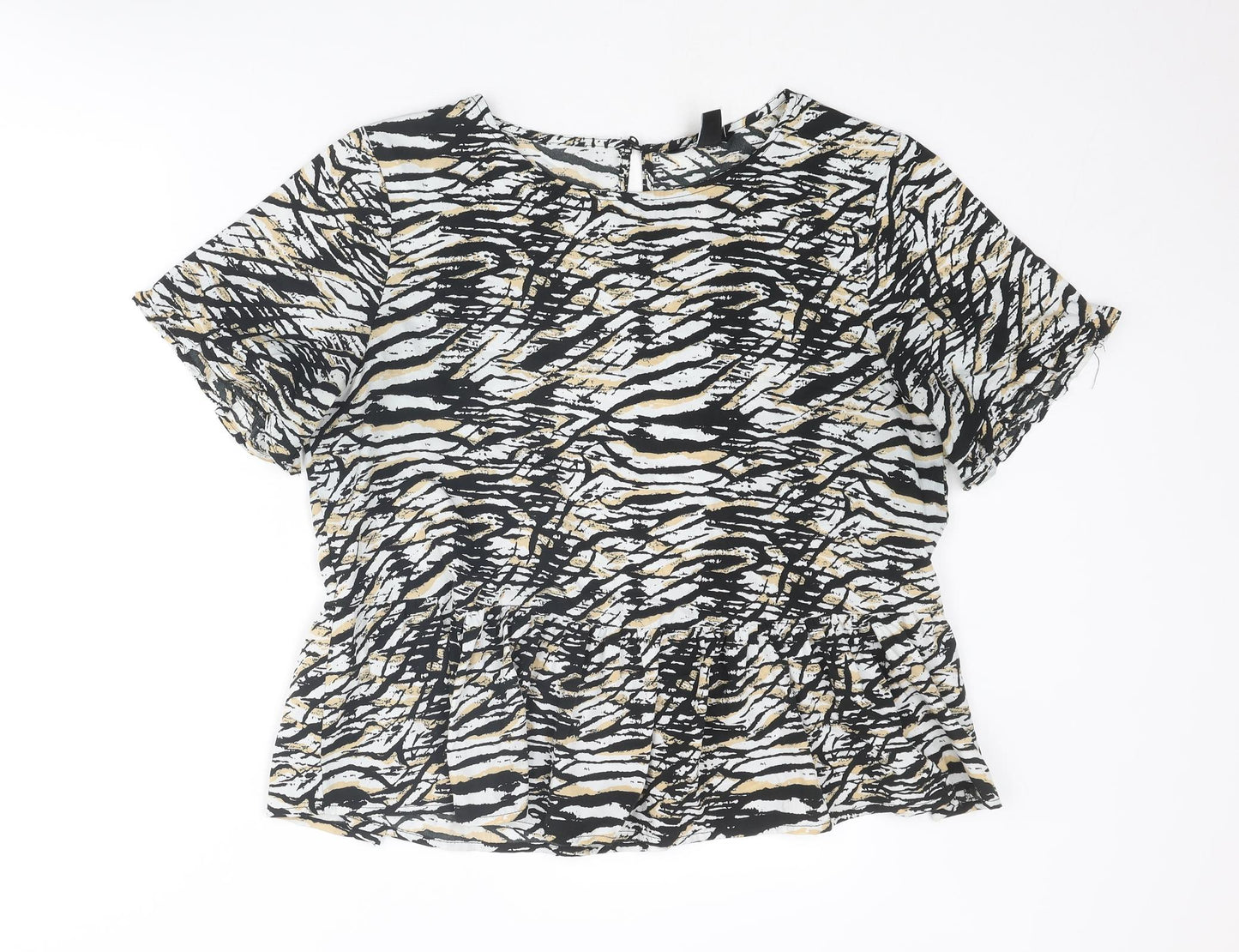 New Look Womens Black Animal Print Polyester Basic Blouse Size 14 Round Neck - Tiger Print