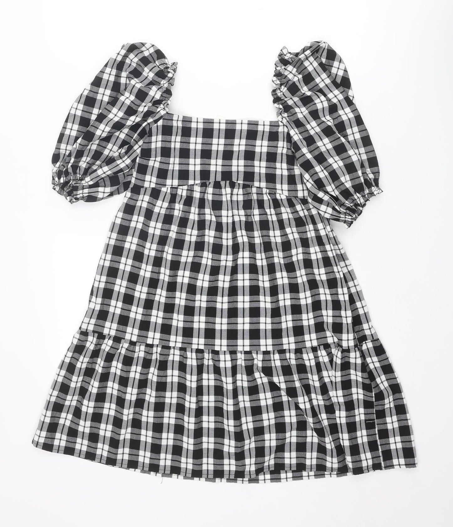 Divided by H&M Womens Black Plaid Polyester Mini Size 10 Square Neck Pullover - Puff Sleeve