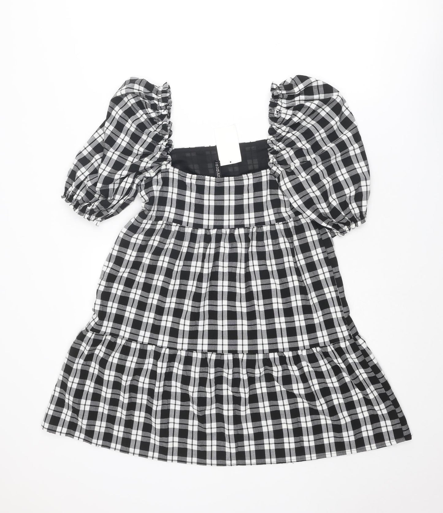 Divided by H&M Womens Black Plaid Polyester Mini Size 10 Square Neck Pullover - Puff Sleeve