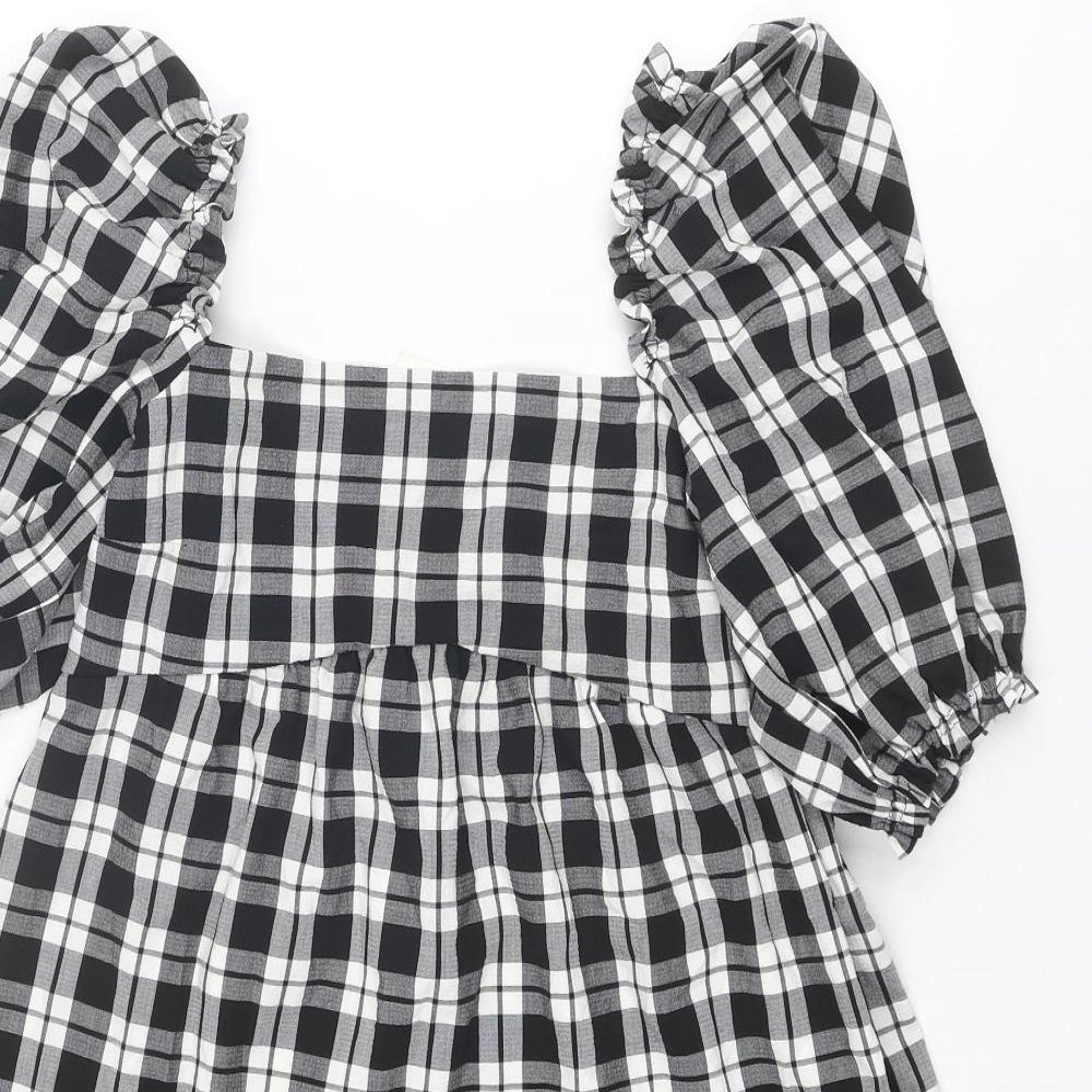 Divided by H&M Womens Black Plaid Polyester Mini Size 10 Square Neck Pullover - Puff Sleeve