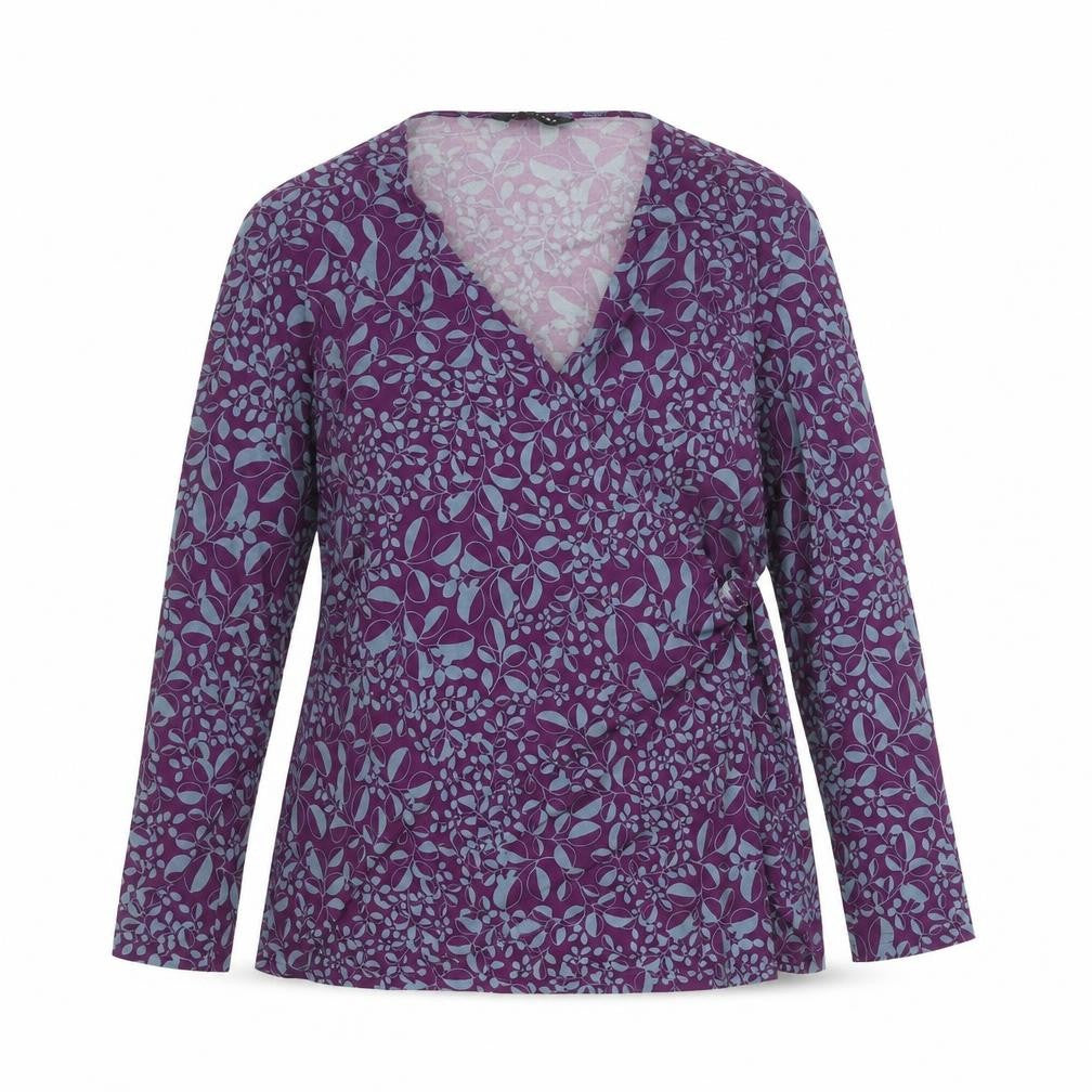 Front view of Wardrobe women’s purple floral polyester basic blouse, size UK 16, v-neck