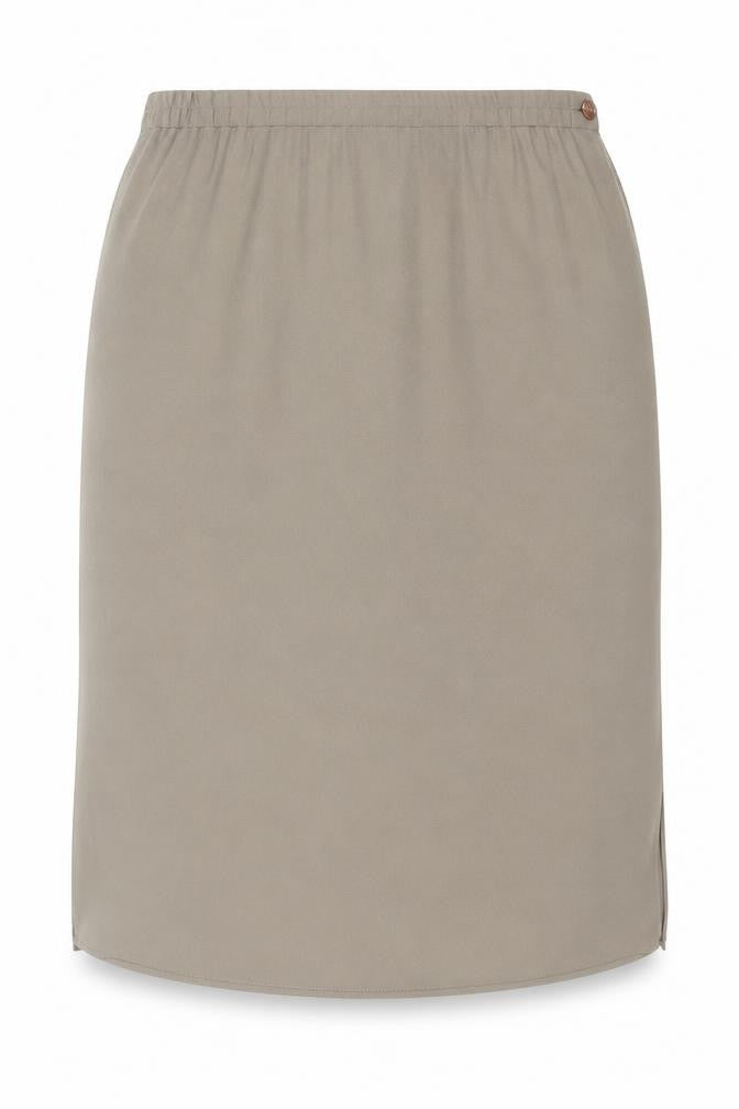 Front view of Frank Usher women’s green polyester a-line skirt, size UK 14, zip